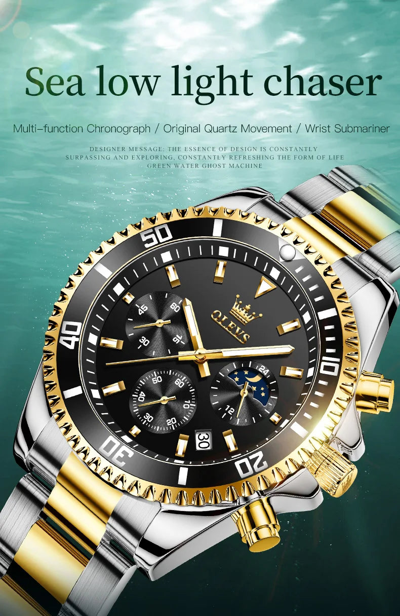 Moon Phase Men's Watches - Original Waterproof Luxury Quartz Watch Stainless Steel Chronograph