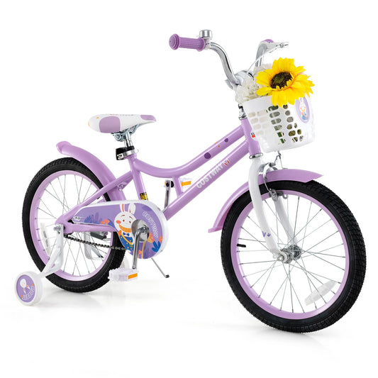 Girl Bike w/Basket Detachable Training Wheels Adjustable Seat Handbrake