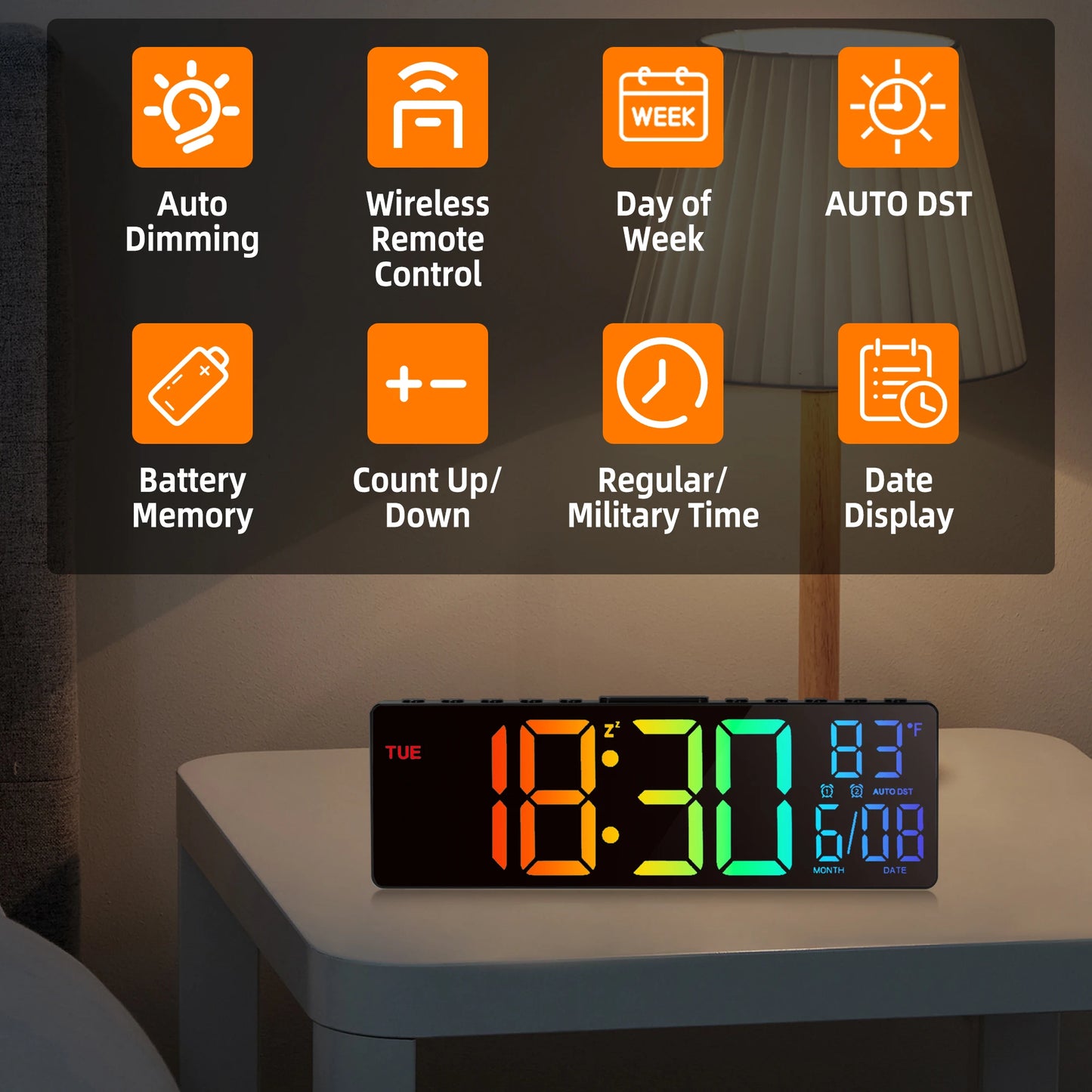10.5" Digital Wall Clock, LED Display with Remote, Auto DST, Temperature for Living Room, Bedroom, Kitchen
