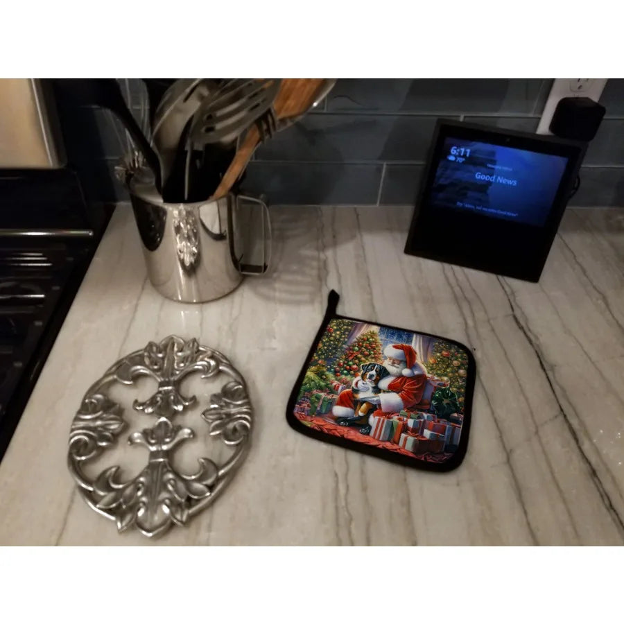 Swiss Mountain Dog and Santa Claus  - Pair of Pot Holders - Kitchen Heat Resistant Pot Holders