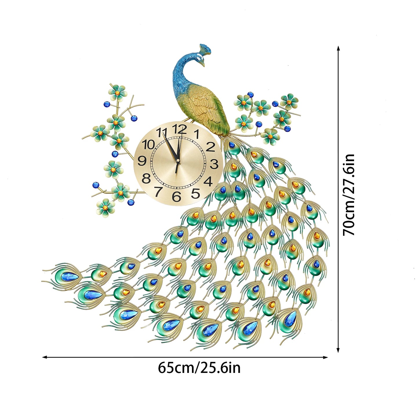 Luxury Peacock Wall Clock -  Metal 3D Art Decoration Wall Clock -  8.26Inch Silent Quartz