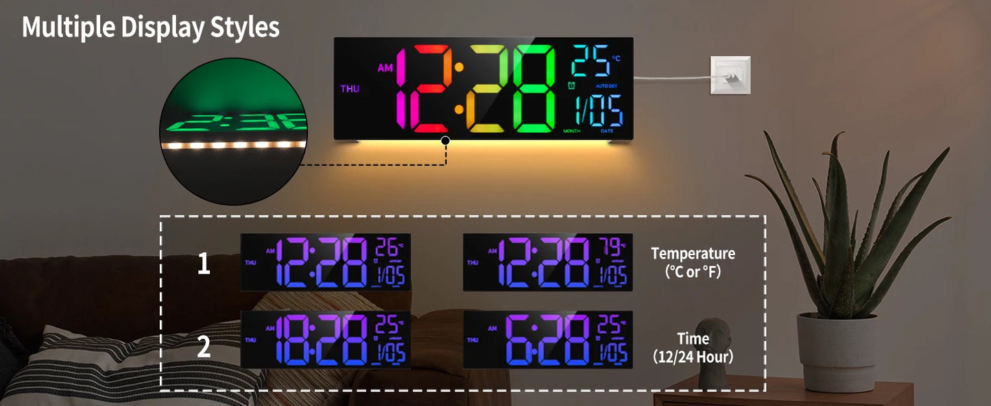 16" Large Digital Wall Clock,-  Big LED Display with Remote, - 8  RGB Color, - Alarm, DST, -Temperature for Living Room, Kitchen