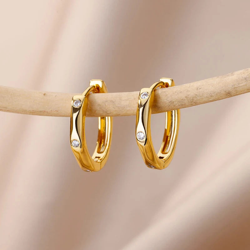 Zircon Round Hoop Earrings For Women - Gold Color Stainless Steel Earring