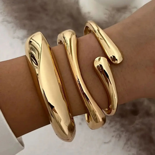 3 Styles Vintage Hip Hop Metal Cuff Bangles - Punk Gold Silver Color Geometric Spring Bangles For Women Bracelet Men Jewelry