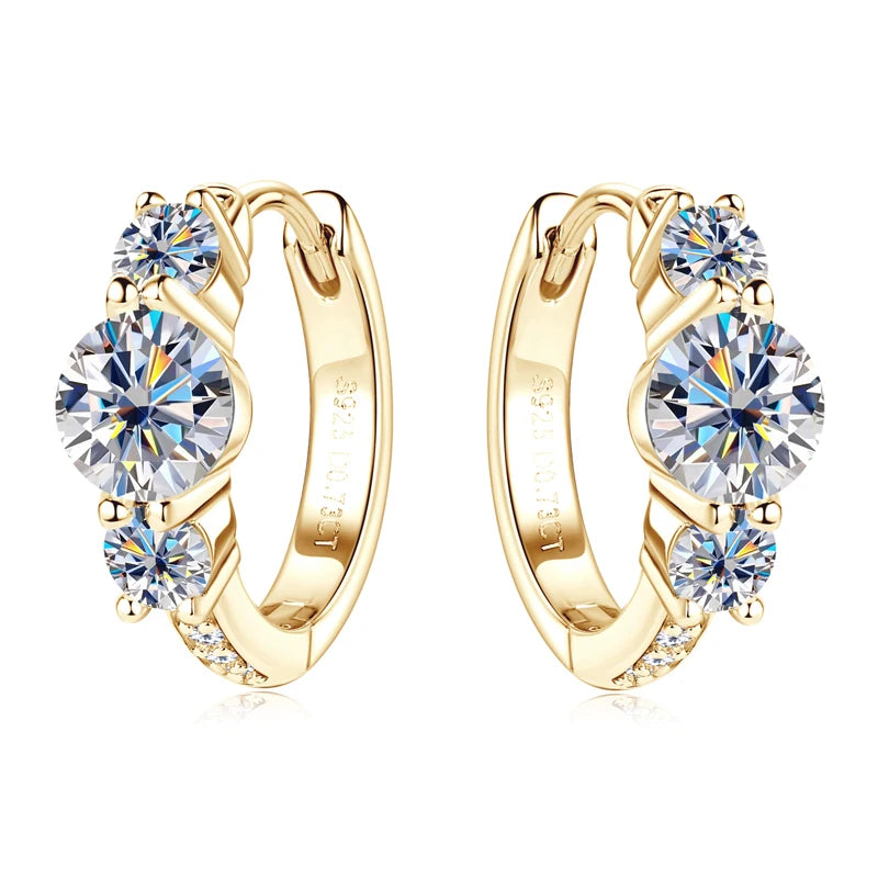 S925 Silver Hoop Earring - Ladies Moissanite Dangle Earrings - Three Stone D Color Glittering Diamond