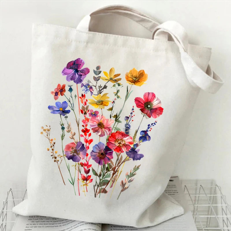 Wildflowers Pattern Retro Graphics Canvas Tote Bag
