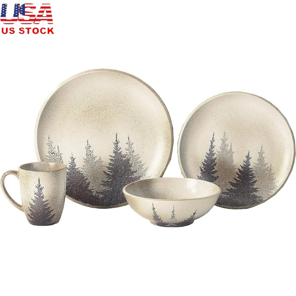 Rustic Dinnerware Set - 16 Piece Pine Tree Ceramic Dishware Quality -Stoneware Plates Bowls Mugs - Microwave - Dishwasher Safe