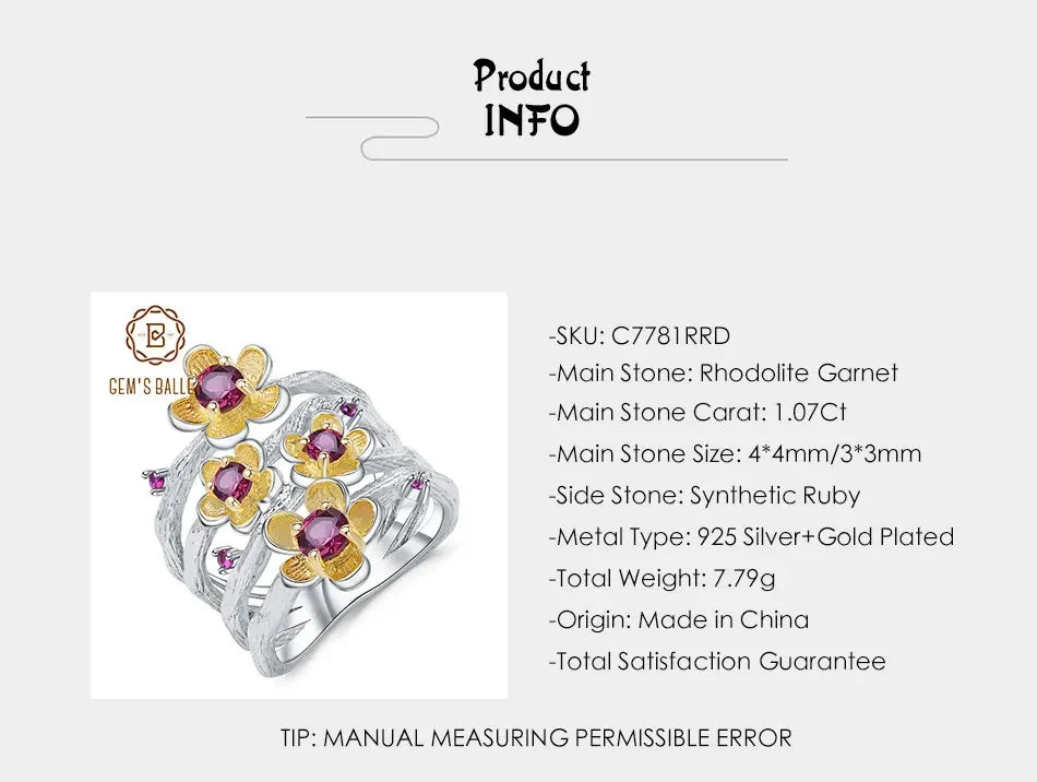 925 Sterling Silver Handmade Ring -  0.96Ct Natural Rhodolite Garnet Plum Blossom Flower Rings