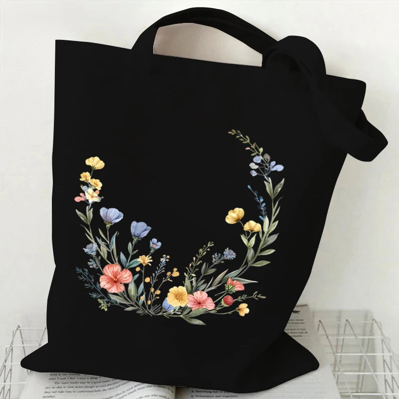 Wildflowers Pattern Retro Graphics Canvas Tote Bag