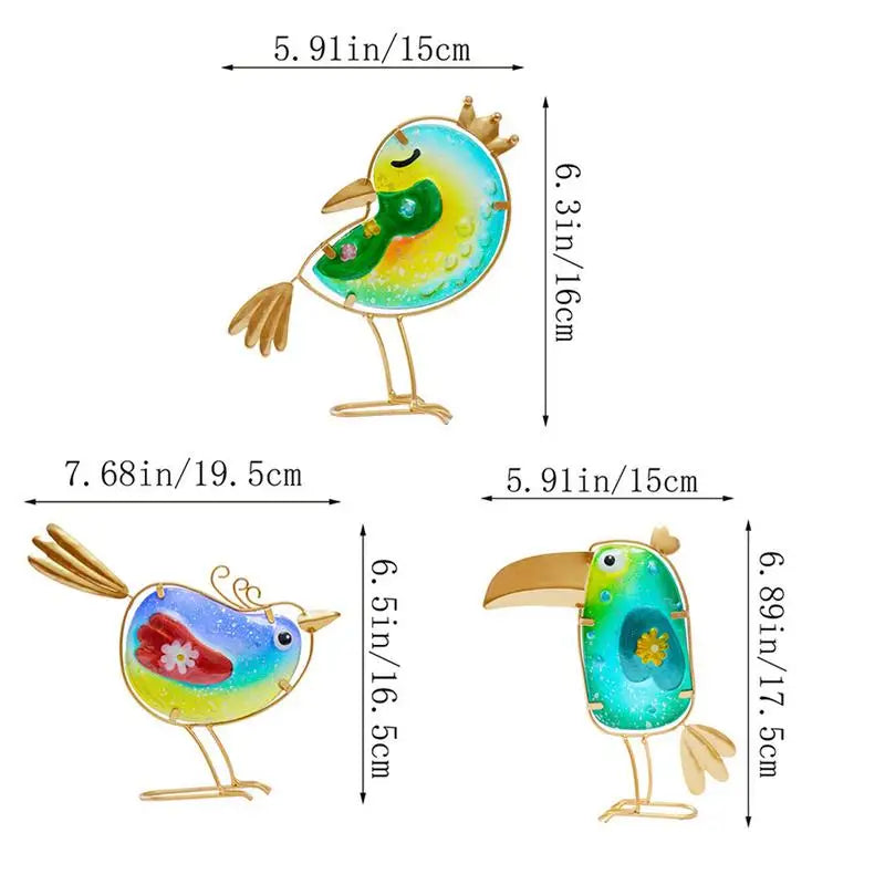 Bird Figurine Colorful Metal Glass  Set Of 3 Garden Art Statues