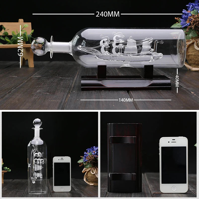 3D Decorative Glass Ornament Ship  With Wooden Base