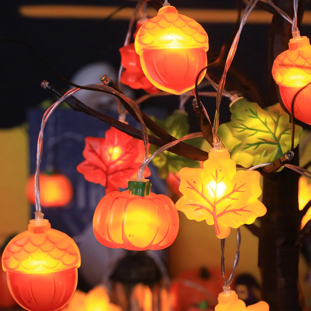 LED Pumpkin Maple Leaf Acorn String Lights， Decoration for Halloween - Thanksgiving - Christmas,