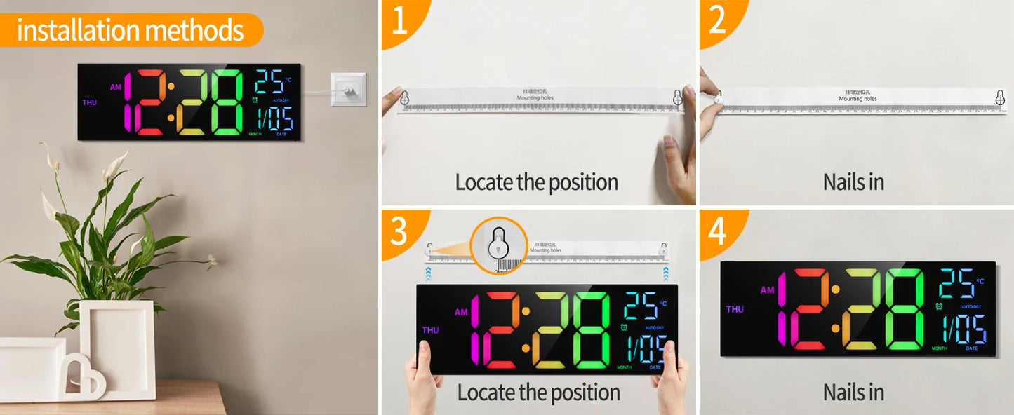 16" Large Digital Wall Clock,-  Big LED Display with Remote, - 8  RGB Color, - Alarm, DST, -Temperature for Living Room, Kitchen