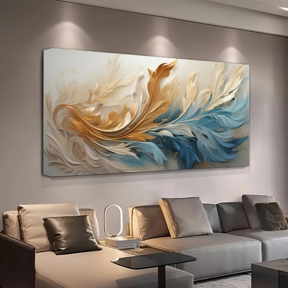 Modern abstract gold feather canvas art,