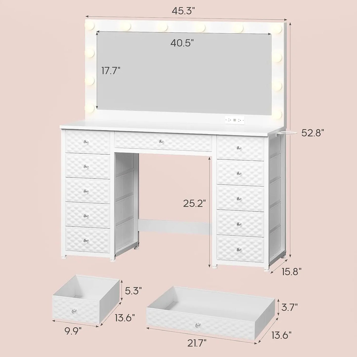 45.3” Vanity Desk with Storage, Dressing Table -  Extra Large Mirror and Lights,