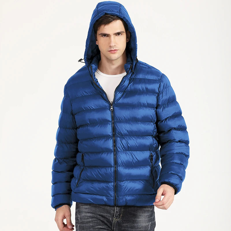 Men's Down Puffer Jacket - Cotton Padded Winter Jacket - Hooded Down Coat - Water and Wind-Resistant Coat
