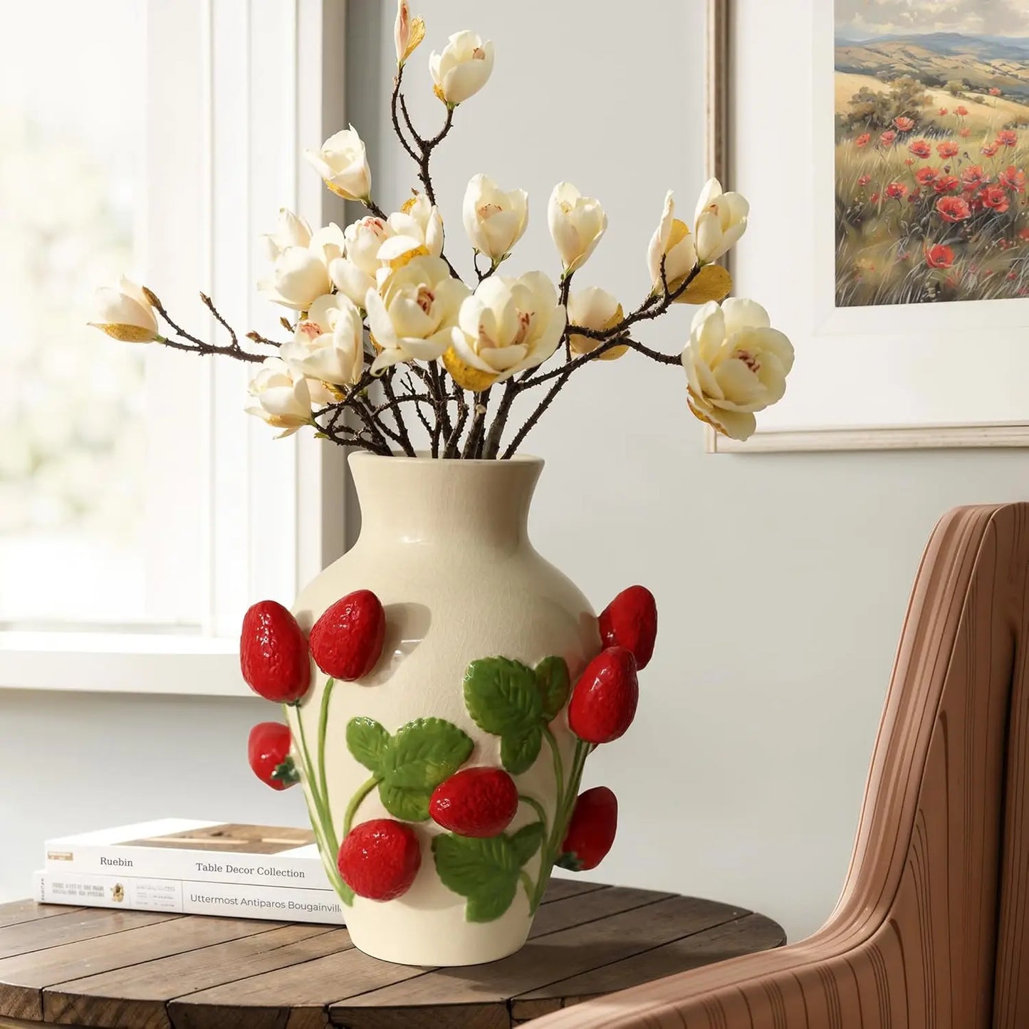 Unique Ceramic Flower Vase, - Modern Decorative Pottery Vases for Dining Table or Living Room Decor,- Ivory with Red Strawberries
