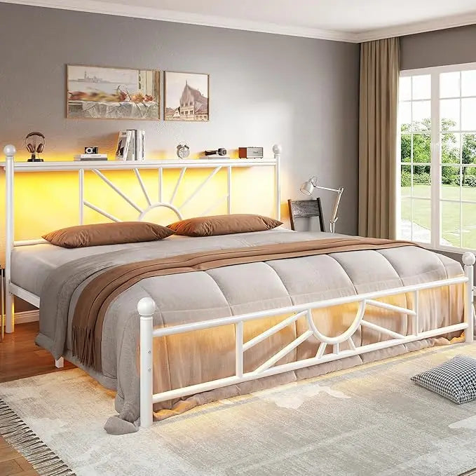 Metal King Bed Frame and Headboard, Footboard,King Size Bed Frame with LED Light, Mattress Foundation with Under Bed Storage