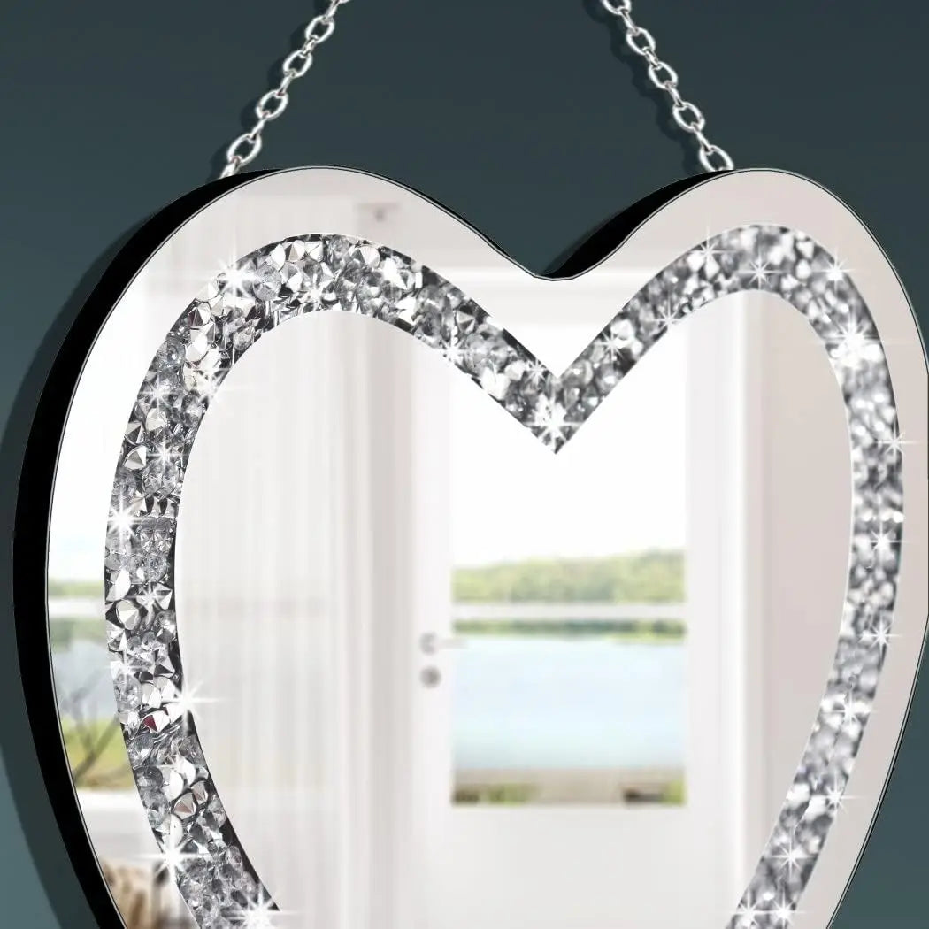 Crystal Crush Diamond Heart Shaped Silver Mirror With Silver Stainl Steel Chain B