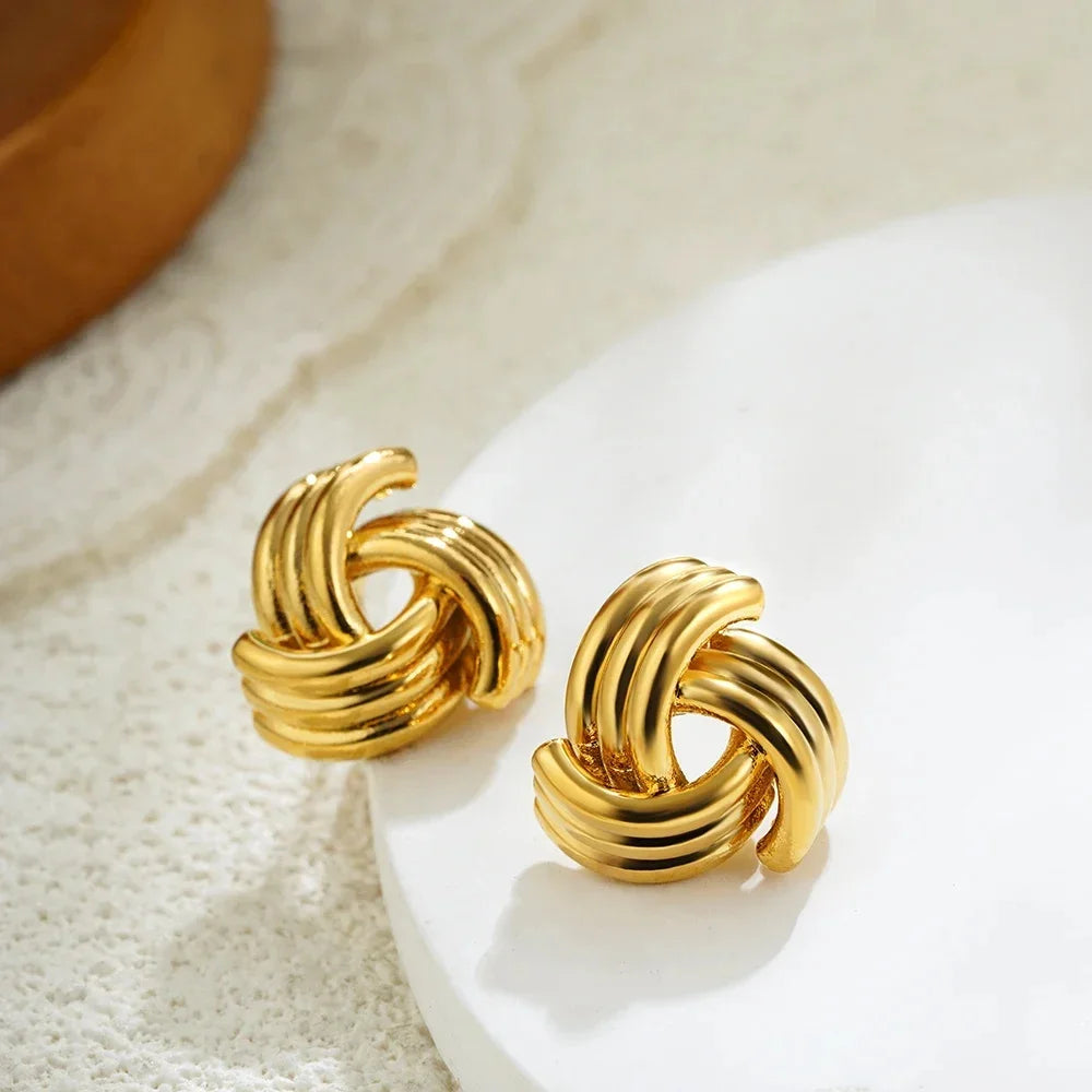 Fashion Glossy Three-Layer Textured Intersecting Knot Earrings for Women - Gold Color Stainless Steel Earring V