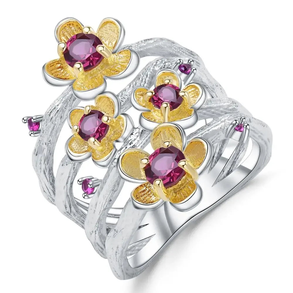 925 Sterling Silver Handmade Ring -  0.96Ct Natural Rhodolite Garnet Plum Blossom Flower Rings