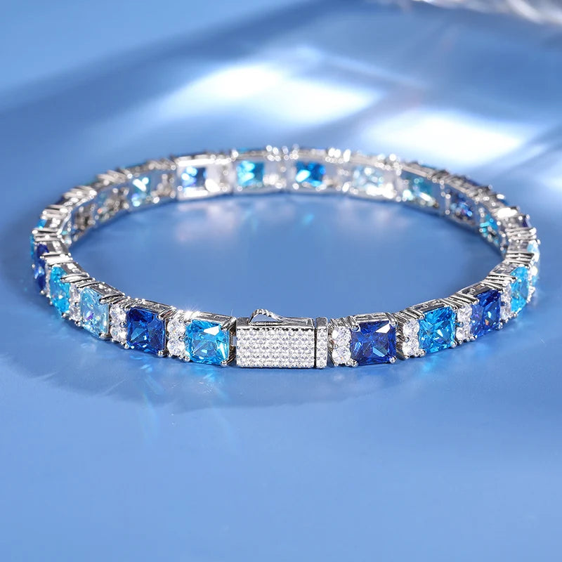 Original Gradient Blue Square Tennis Bracelet For Women S925 Sterling Silver Men Unisex Hip Hop Jewelry Party Gift New 2024