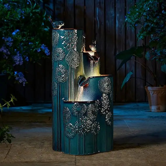 31.75" H Outdoor Water Fountain with LED Lights and Pump,- 4 Tier Dandelion Texture Vase Shaped Ceramic Floor Standing Fountain