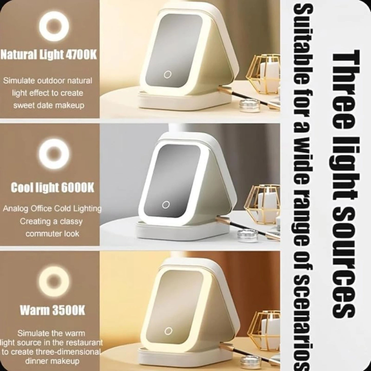 Rechargeable Lighted LED Makeup Mirror - Three Color Adjustable & Brightness White Mirror