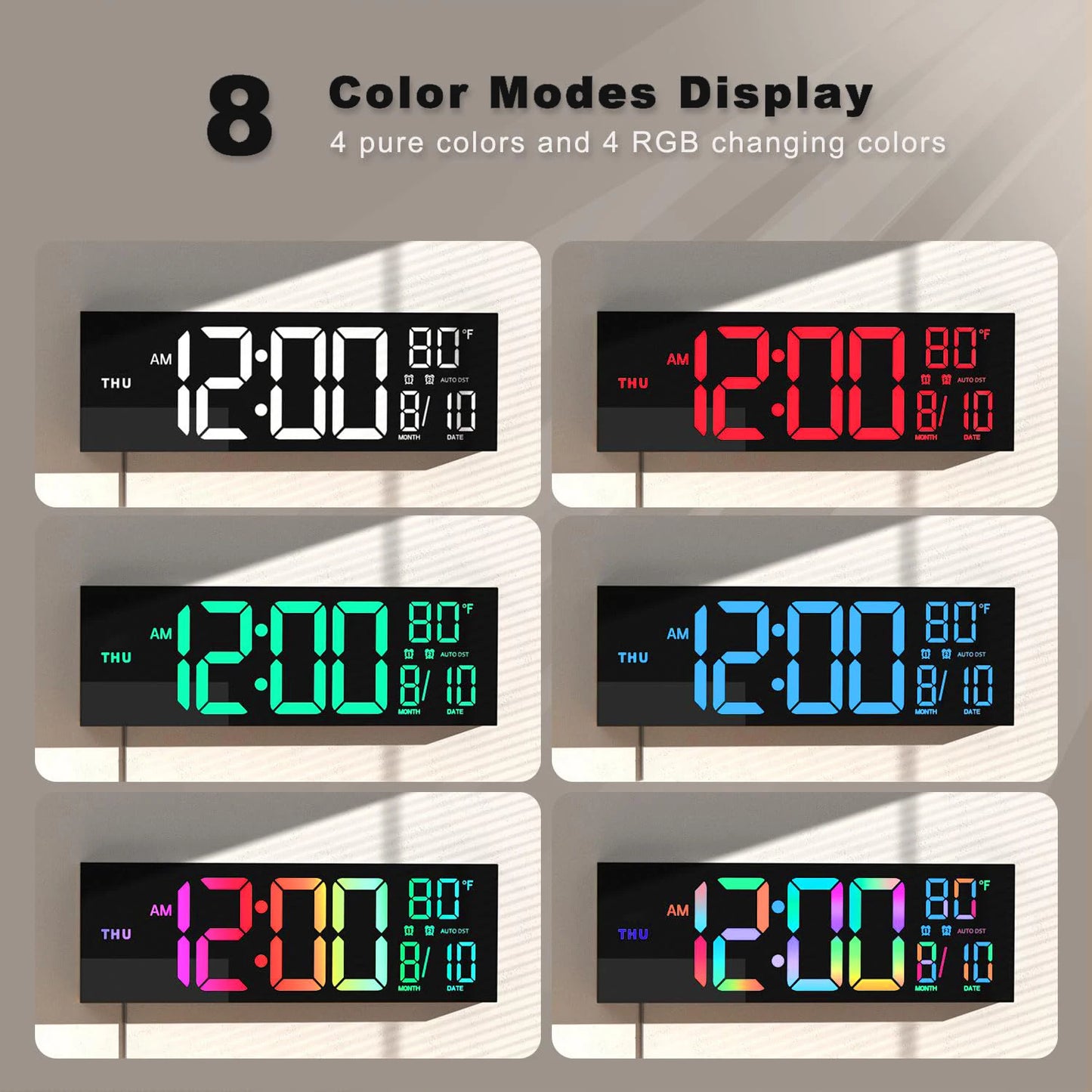 16" Large Digital Wall Clock,-  Big LED Display with Remote, - 8  RGB Color, - Alarm, DST, -Temperature for Living Room, Kitchen
