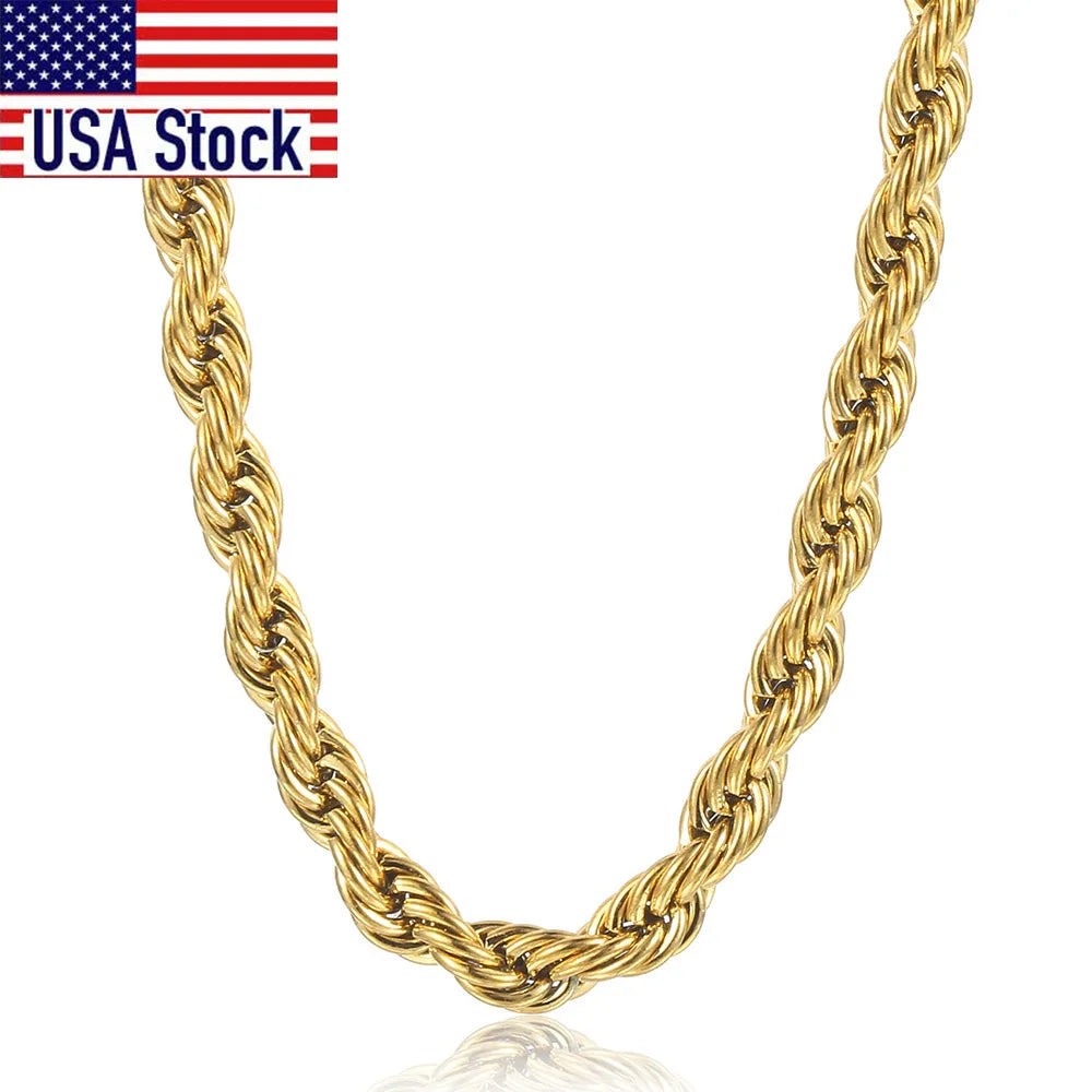 New Fashion Twisted Rope Link Chain -  Gold Color Stainless Steel Necklace for Men - Unisex Chain  22inch 3-7mm