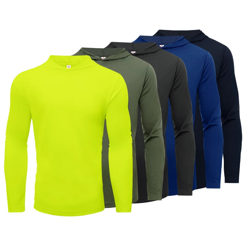 Men's five piece sports long sleeved T-shirt,- hooded solid color breathable sports shirt, suitable for running and fitness