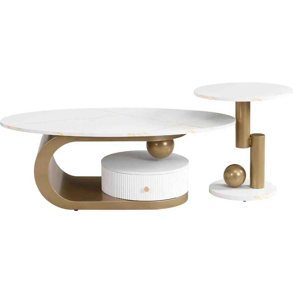 Modern 47.2" Nesting Coffee Table Set of 2, Oval and Round Centre Table Set for Living Room, Faux Marble Coffee Table and Round