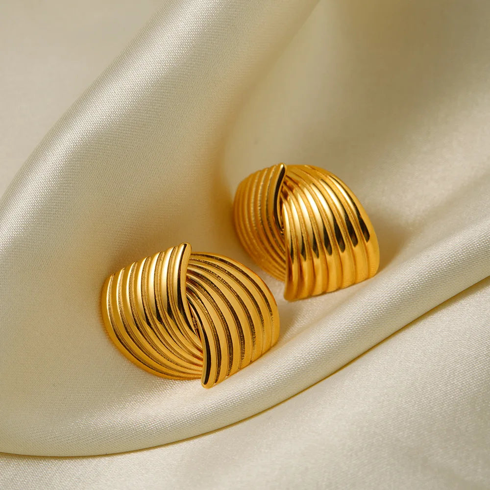 Fashion Glossy Three-Layer Textured Intersecting Knot Earrings for Women - Gold Color Stainless Steel Earring V