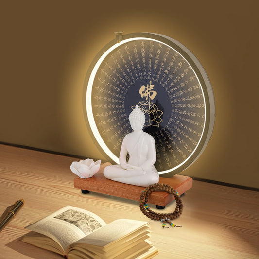 Buddha Statue  Decor White/Red/Yellow/Blue 11.8*4.7*13in with Circle LED Lamp