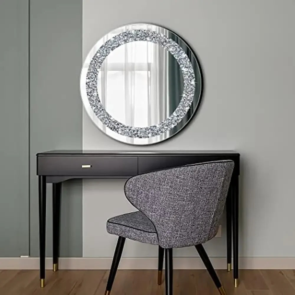 Crystal Crushed Diamond Round Silver Wall  Mirror
