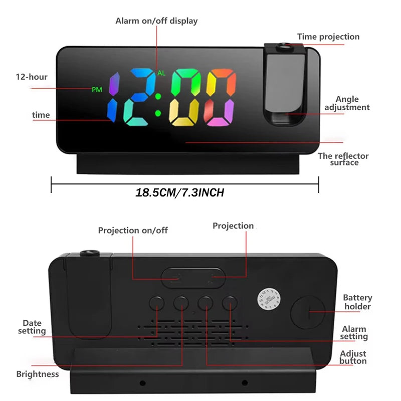 Projection Alarm Clock-  Desk Clock with Large Color LED Display - Rotatable Ceiling/Wall Projector for Bedroom, Office, Bathroom