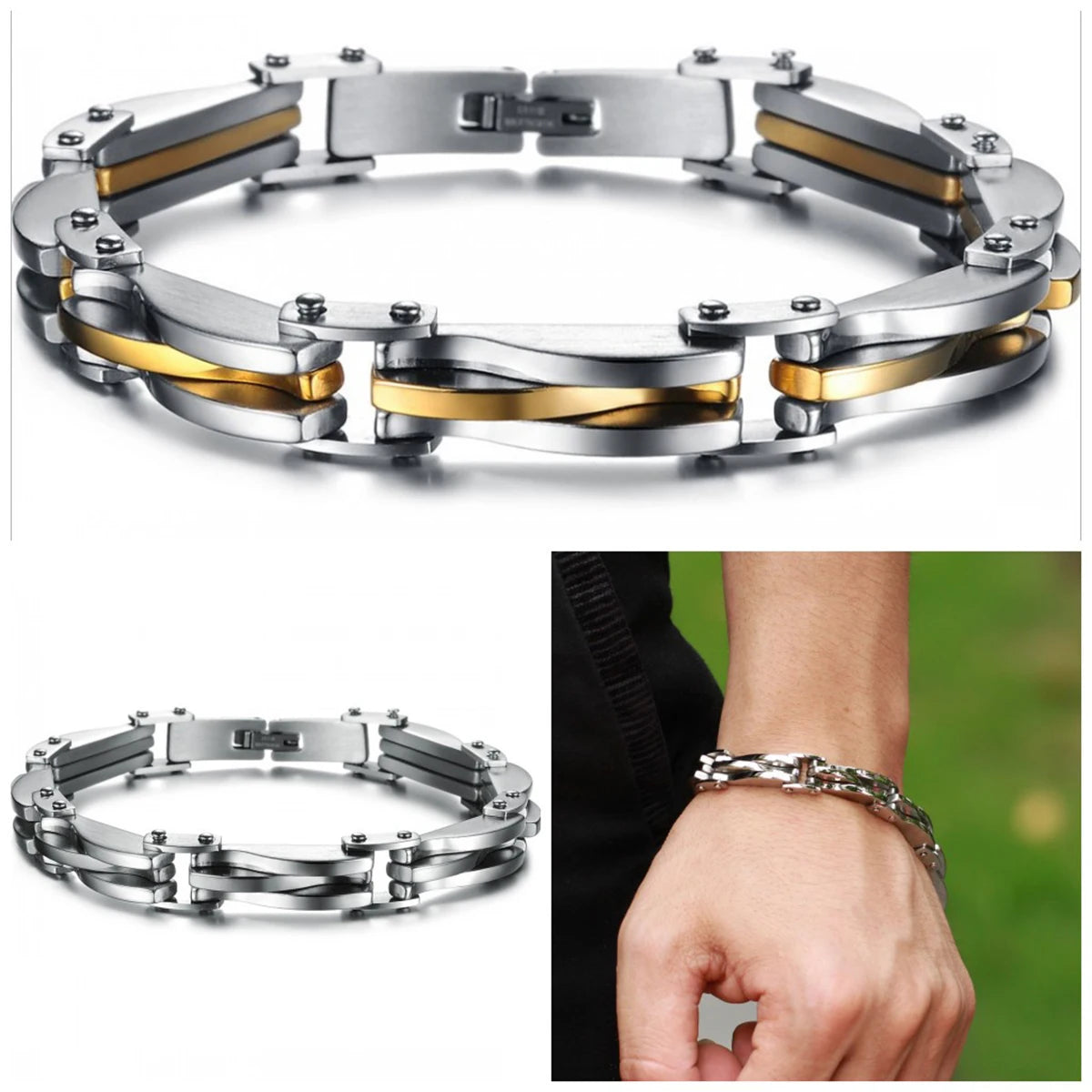 Men - Boys Stainless Steel Two Tone Bracelet - Gold/Silver Color