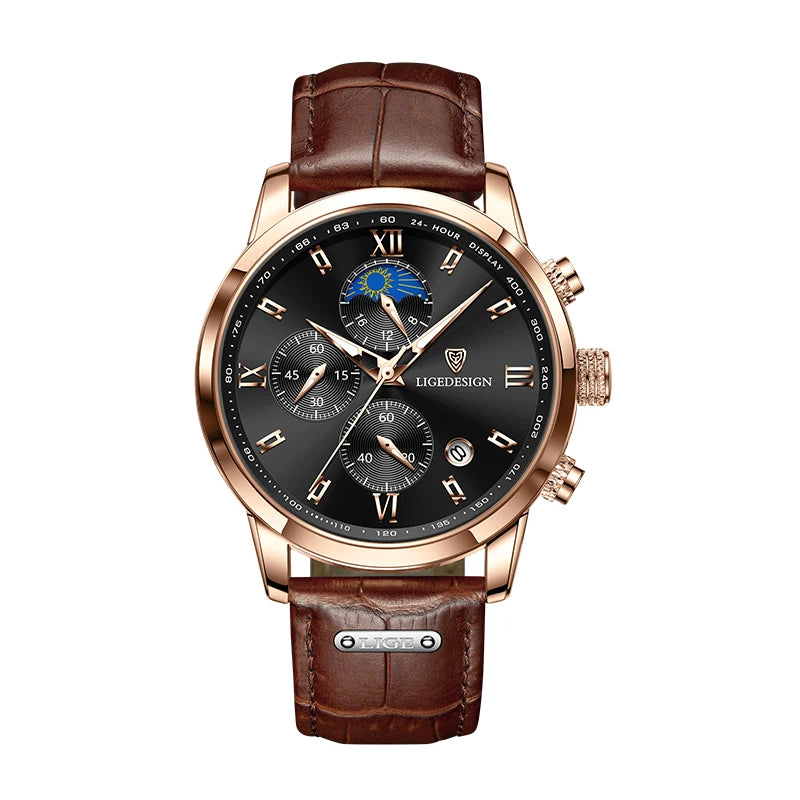 Business Watch Men - Fashion Leather  Waterproof - Men's Quartz Wristwatches - 24 Hour Moon Phase Watch