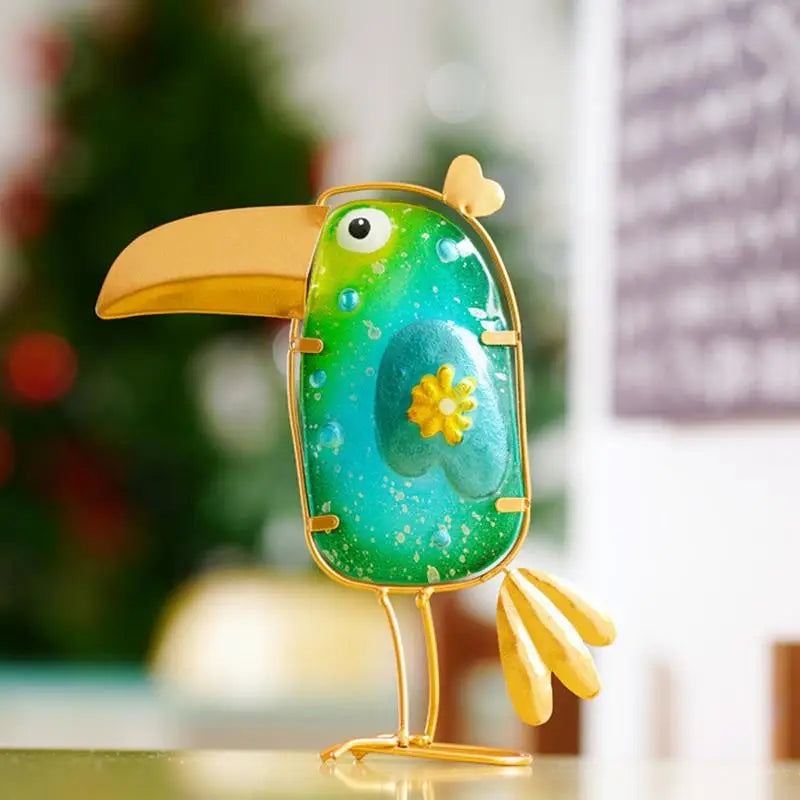 Bird Figurine Colorful Metal Glass  Set Of 3 Garden Art Statues