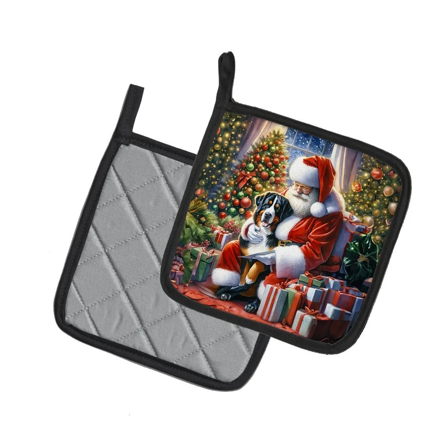 Swiss Mountain Dog and Santa Claus  - Pair of Pot Holders - Kitchen Heat Resistant Pot Holders