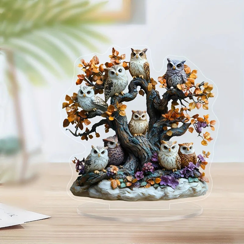 2D Acrylic Owl Tree Statue - Floral Desktop Decor with Stand