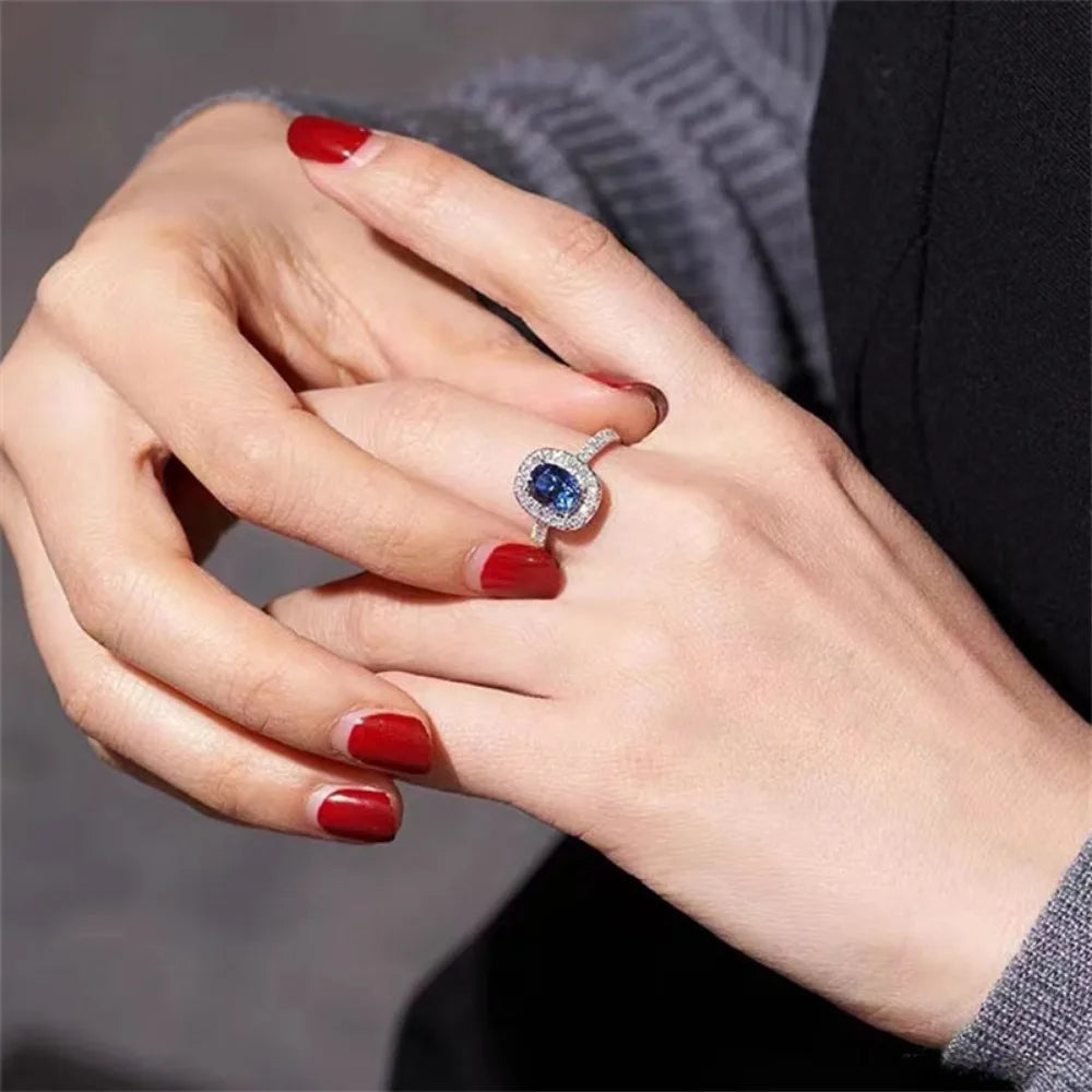 Elegant Navy Blue Silver Plated Ring Full Micro Setting CZ Stone -  Adjustable Band for Women