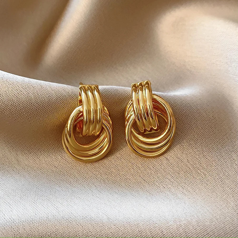 Fashion Glossy Three-Layer Textured Intersecting Knot Earrings for Women - Gold Color Stainless Steel Earring V