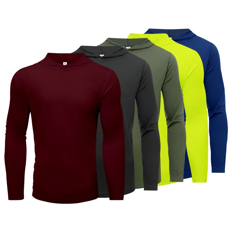 Men's five piece sports long sleeved T-shirt,- hooded solid color breathable sports shirt, suitable for running and fitness
