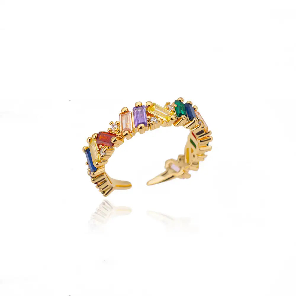 Rainbow Zircon Rings For Women Stainless Steel Gold Color - Geometric Adjustable Ring J