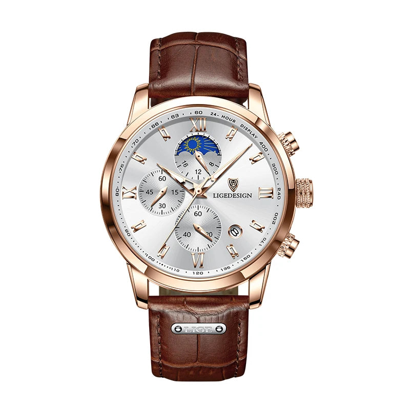 Business Watch Men - Fashion Leather  Waterproof - Men's Quartz Wristwatches - 24 Hour Moon Phase Watch