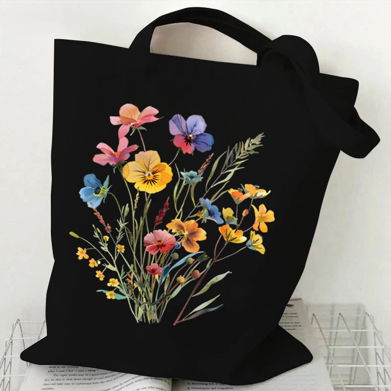 Wildflowers Pattern Retro Graphics Canvas Tote Bag