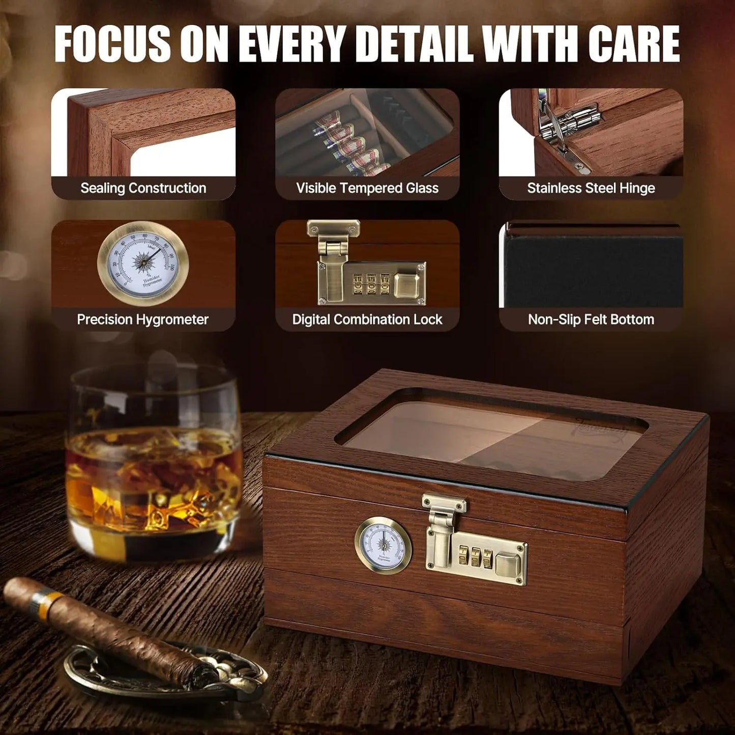 Cedar Wood Cigar Humidor,Glass Top Desktop Box with Front Hygrometer,Humidifier,Divider,Accessories Drawer and Combination Lock