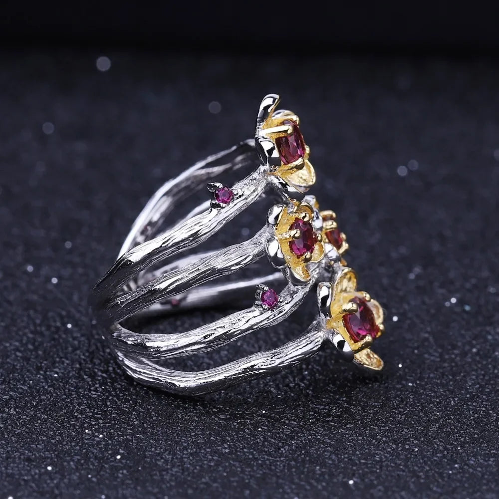 925 Sterling Silver Handmade Ring -  0.96Ct Natural Rhodolite Garnet Plum Blossom Flower Rings
