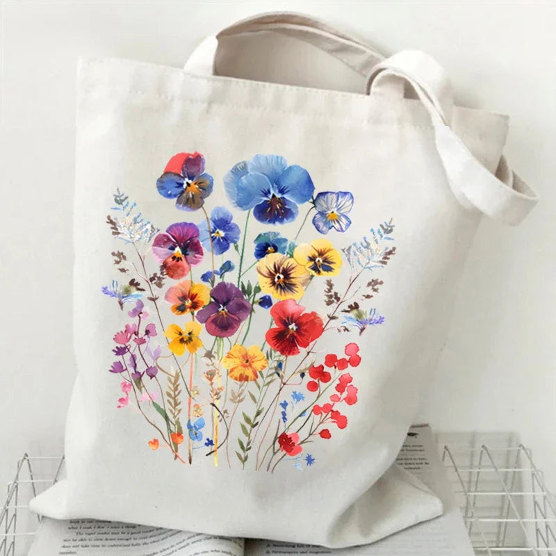Wildflowers Pattern Retro Graphics Canvas Tote Bag